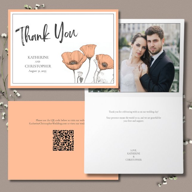 Cartão De Agradecimento Peach Poppies Floral Elegante Foto De Casamento (Peach Poppies Floral Wedding Photo Thank You Card with QR Code for wedding photos.)