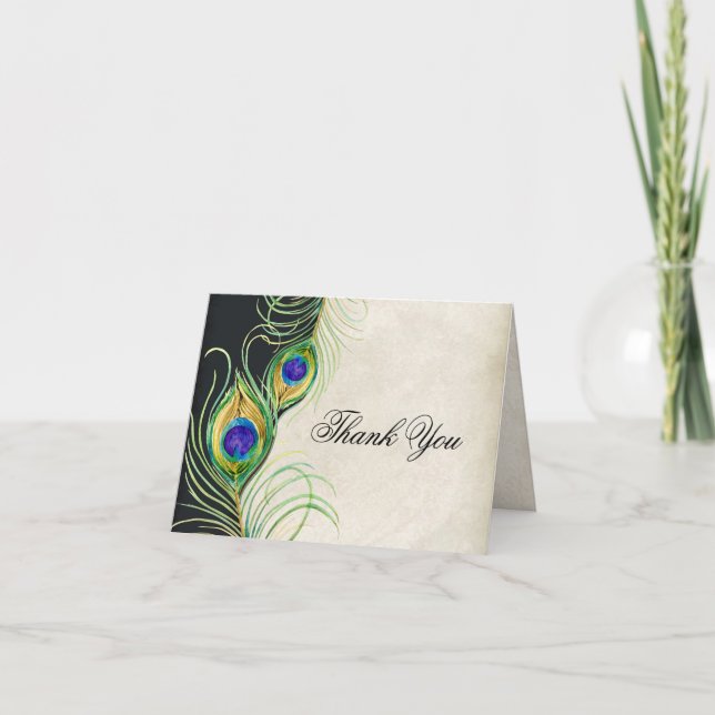 Cartão De Agradecimento Peacock Feathers Wedding Thank You Note Cards (Frente)