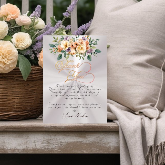 Cartão De Agradecimento Pearl - Floral & Silver Tiara Quinceanera (Criador carregado)