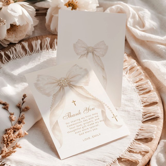 Cartão De Agradecimento Pearls Gold Bow Girl Baptism Religious (Criador carregado)