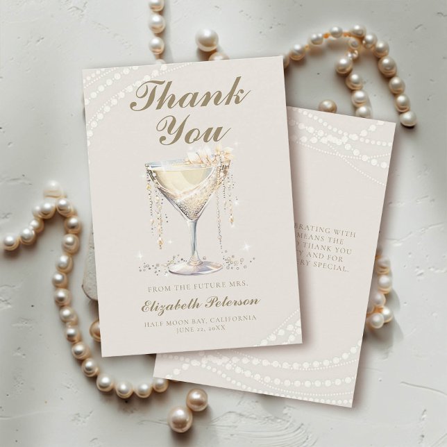 Cartão De Agradecimento Pearls Prosecco Ivory Elegant BrunChá de panela (pearls prosecco bridal shower thank you card ivory gold calligraphy)