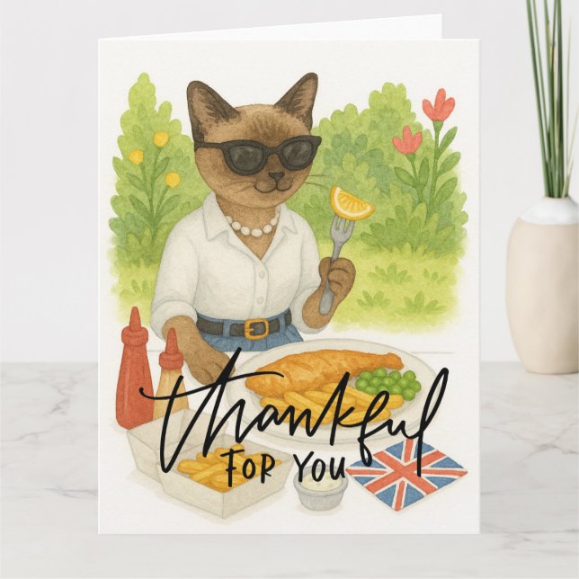 Cartão De Agradecimento Peixes e Chips de Londres para Cat Lovers (Frente)