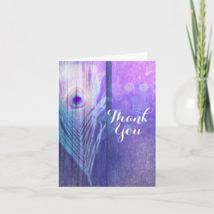 Cartão De Agradecimento Pena de Pavão Roxo Glam Boho Chic Obrigado