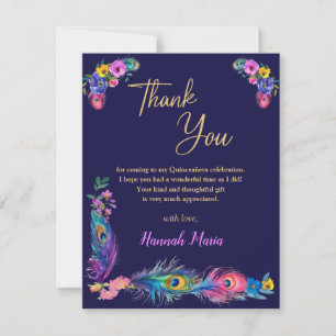 Cartão De Agradecimento Penas de Pavão & Flores Quinceañera Roxo Plano