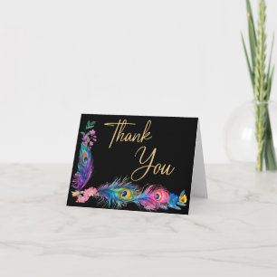 Cartão De Agradecimento Penas e flores de peacock Quinceañera Black