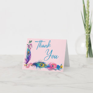 Cartão De Agradecimento Penas e flores de peacock Quinceañera Blush Rosa