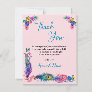 Cartão De Agradecimento Penas e flores de peacock Quinceañera Pink Flat