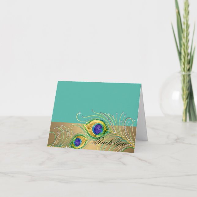Cartão De Agradecimento Penas Peacock Modern Faux Jewel Scroll Swirl (Frente)