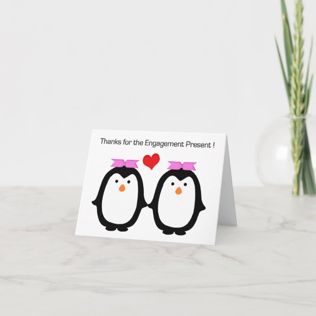 Cartão De Agradecimento Penguin Couple Two Females Engagement Thanks (Frente)