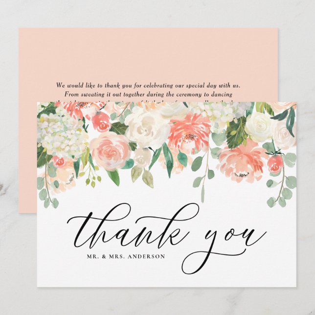 Cartão De Agradecimento Peônia e Hortênsia em Aguarela Marfim e Pêssego (Frente/Verso)