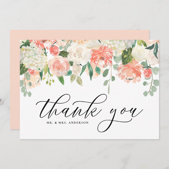 Cartão De Agradecimento Peônia e Hortênsia em Aquarela Marfim e Pêssego (Frente/Verso)