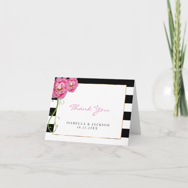 Cartão De Agradecimento Peônias em Preto e Branco - Obrigado (Frente)