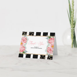 Cartão De Agradecimento Peônias Rosa e Listras Pretas Elegante Agradecimen