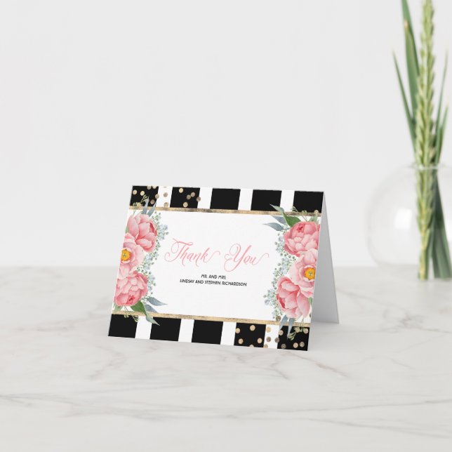 Cartão De Agradecimento Peônias Rosa e Listras Pretas Elegante Obrigado (Frente)