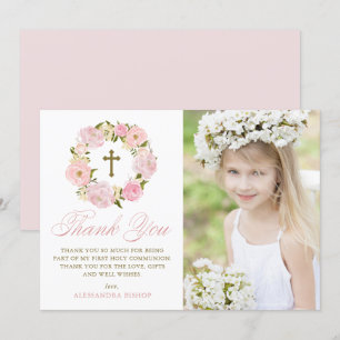 Cartão De Agradecimento Pêonias Rosa Negras Coroa Primeira Comunhão Sagr