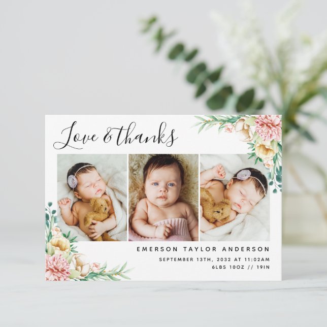 Cartão De Agradecimento Peonie Eucalyptus Floral Love and Obrigados Baby (Em pé/Frente)