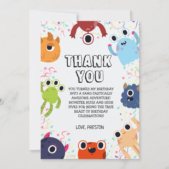 Cartão De Agradecimento Pequena Festa de aniversário Monstro para todas as (Frente)