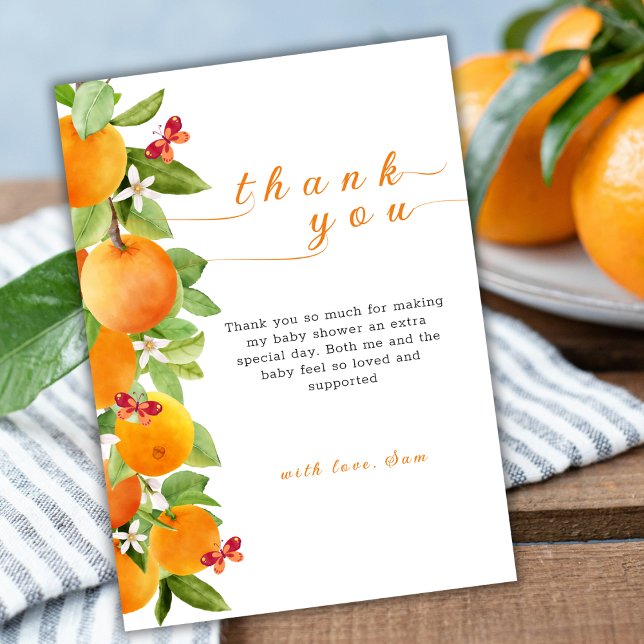 Cartão De Agradecimento Pequeno Chá de fraldas Citrus Orange Clementine (Little Cutie Citrus Orange Clementine Baby Shower Thank You Card)