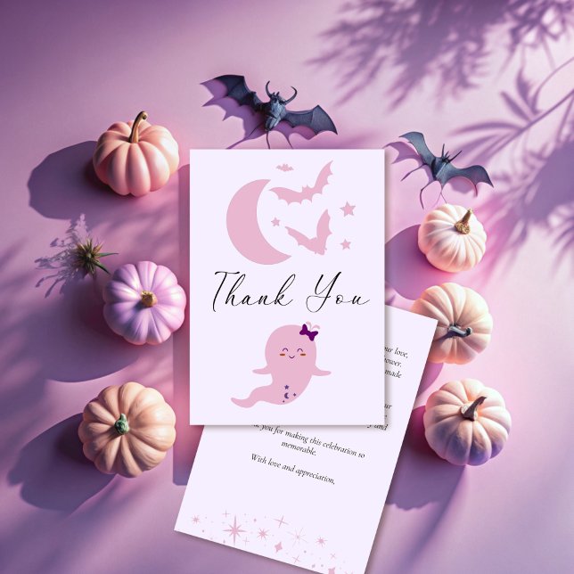 Cartão De Agradecimento Pequeno chá de fraldas de Halloween de fantasma fo (Little boo cute ghost Halloween baby shower Thank You Cards pastel pink)