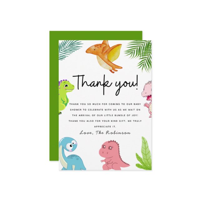 Cartão De Agradecimento Pequeno Chá de fraldas Dino Bonito (Frente/Verso In Situ)
