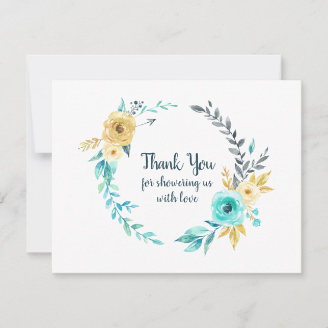 Cartão De Agradecimento Pequeno Chá de fraldas Wreath Teal Blue Obrigado (Frente)