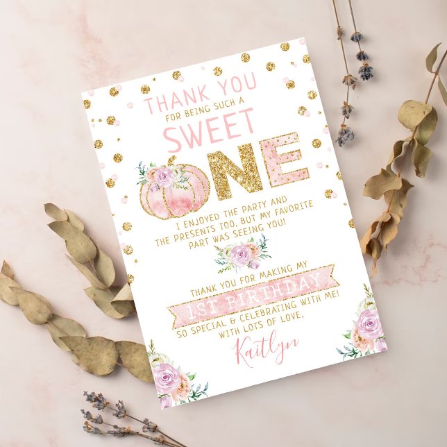 Cartão De Agradecimento Pequeno primeiro aniversario de Meninas de Abóbora (Criador carregado)