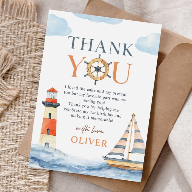 Cartão De Agradecimento Pequeno primeiro aniversario Náutico de Pastel Azu (Criador carregado)