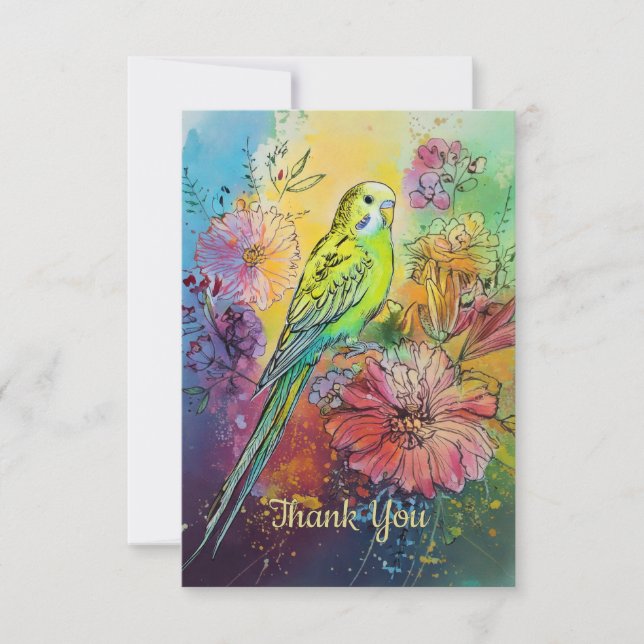 Cartão De Agradecimento Periquito e Flores (Frente)
