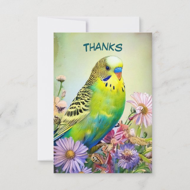 Cartão De Agradecimento periquito e flores silvestres (Frente)
