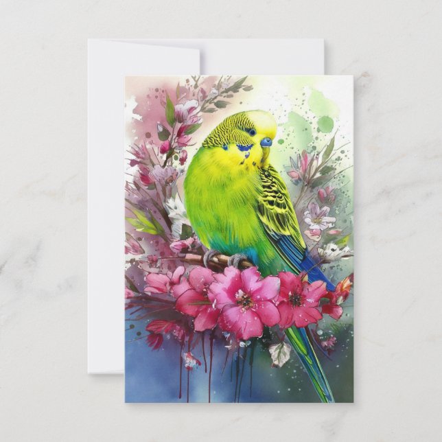 Cartão De Agradecimento Periquito Verde e Flores (Frente)