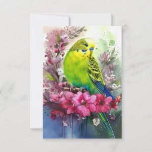Cartão De Agradecimento Periquito Verde e Flores