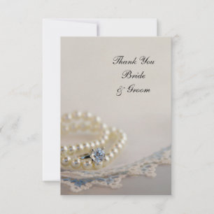 Cartão De Agradecimento Pérolas, Anel, Casamento Azul De Lace Obrigado