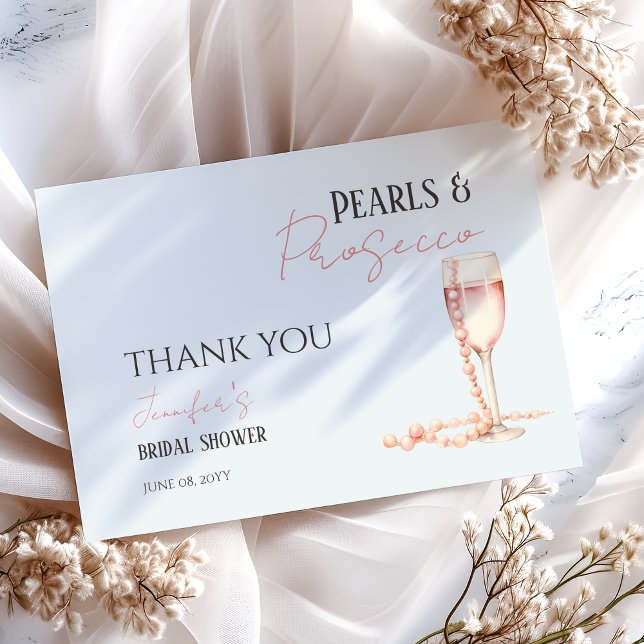 Cartão De Agradecimento Pérolas e Prosecco Bege Rosa Chá de Noiva (Criador carregado)