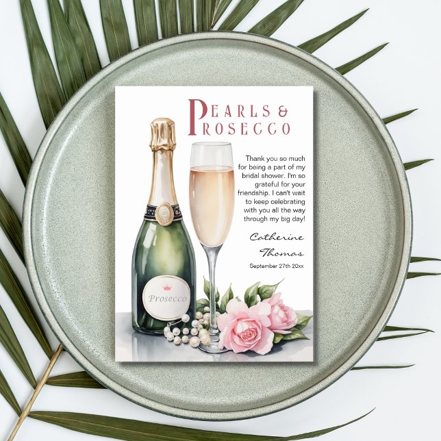 Cartão De Agradecimento Pérolas e Prosecco Floral Elegante Chá de Noiva (Flat lay pearls and prosecco bridal shower brunch and bubbly wine bottle and glass thank you card)
