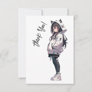 Cartão De Agradecimento Personagem de Menina Anime Neko Kawaii