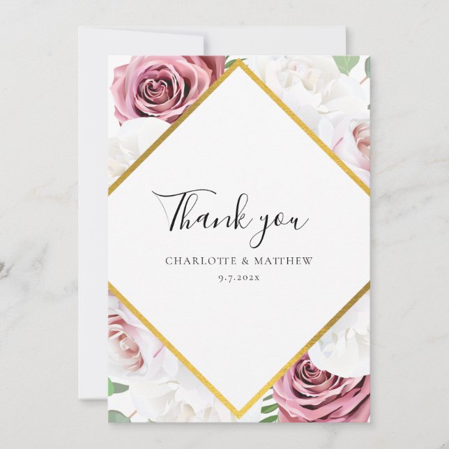 Cartão De Agradecimento Personalização De Foto De Casamento Floral Elegant (Frente)