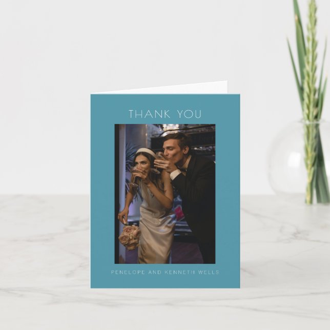 Cartão De Agradecimento Personalização do Casamento Azul Elegante Moderno  (Frente)