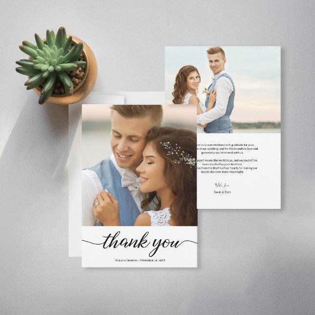 Cartão De Agradecimento Personalizado Simples Casamento Moderno 2 Fotos (Simple, Chic, elegant script two wedding photo featured customizable wedding thank you cards.)