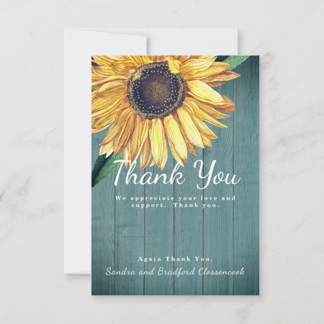 Cartão De Agradecimento Personalizar Madeira de Celeiro de Girassol Rústic (Frente)