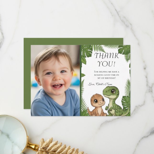 Cartão De Agradecimento Personalized Dino 1st Birthday Photo Thank You Car (Frente/Verso In Situ)
