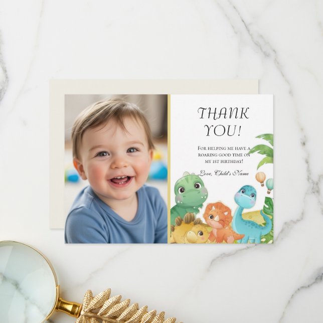 Cartão De Agradecimento Personalized Dino 1st Birthday Thank You (Frente/Verso In Situ)