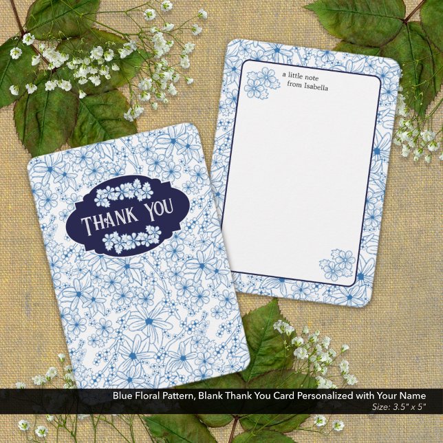 Cartão De Agradecimento Personalized Name Blue Floral Pattern, Blank (Blue Floral Pattern, Blank Thank You Card Personalized with Your Name )