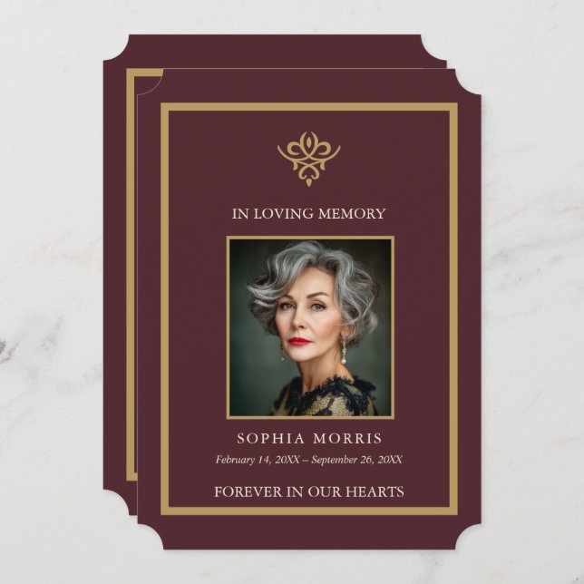 Cartão De Agradecimento Personalized Old Money Burgundy Funeral Photo  (Frente/Verso)
