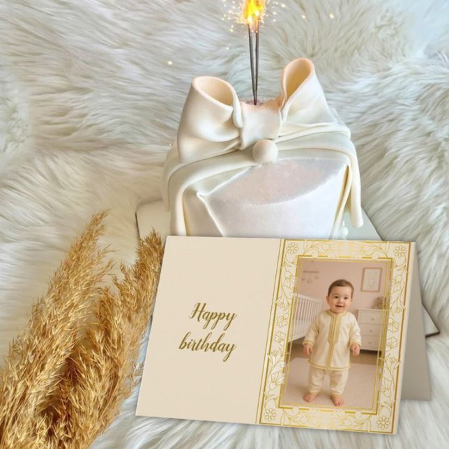 Cartão De Agradecimento Personalized Photo Birthday Card —Floral frame (Criador carregado)