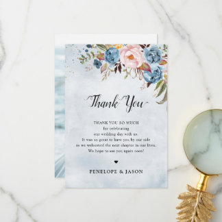 Cartão De Agradecimento Pêssego Azul Dusty Casamento Botânico Floral