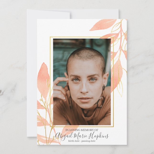 Cartão De Agradecimento Pêssego Dourado Floral Em Memória Funeral de Amor (Frente)