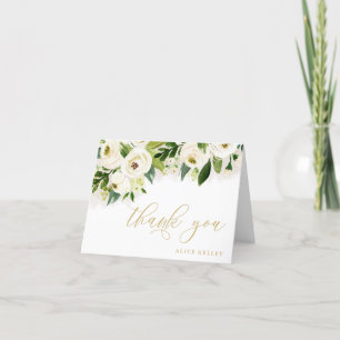 Cartão De Agradecimento Pessoal Floral Aquarela Branco e Dourado