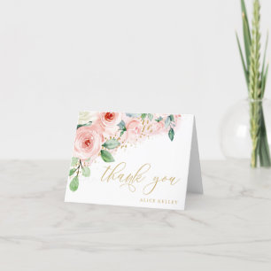 Cartão De Agradecimento Pessoal Floral em Aquarela Rosa e Dourado