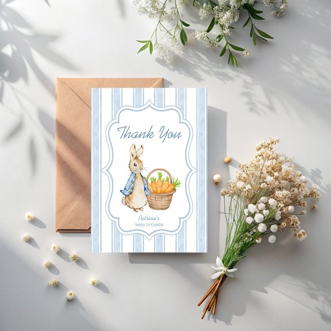 Cartão De Agradecimento Peter Coelho poeirento listras azuis chá de fralda (Peter rabbit vintage dusty blue stripes boy baby shower thank you cards)