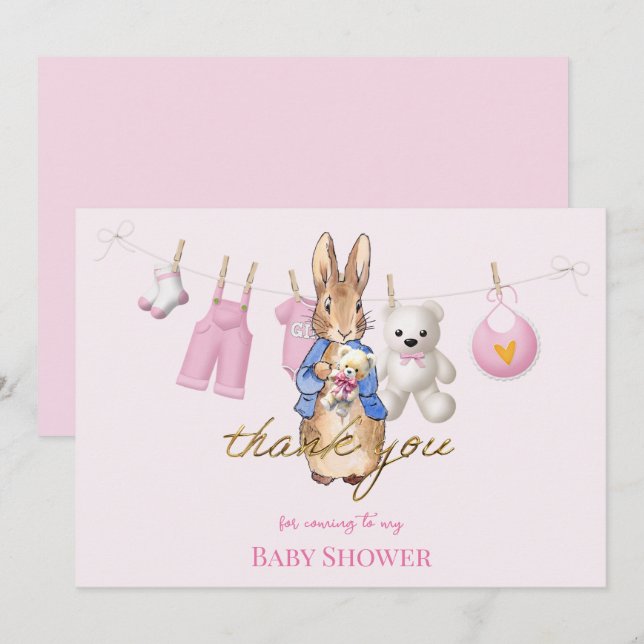 Cartão De Agradecimento Peter, o coelho com obrigado rosa (Frente/Verso)